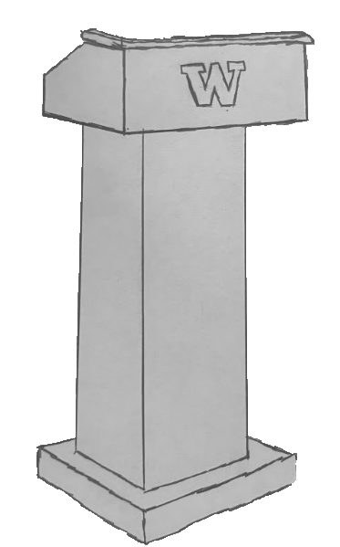 Podium with the logo of the University of the Washington at its forefront, greyscaled.